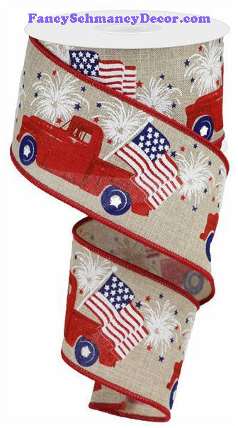 2.5" X 10 yd Patriotic Truck On Royal Buff Red Blue Wired Ribbon