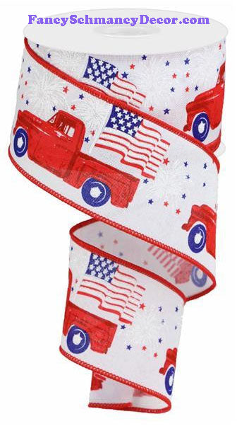 2.5" X10 yd Patriotic Truck On Royal White Red Blue Wired Ribbon