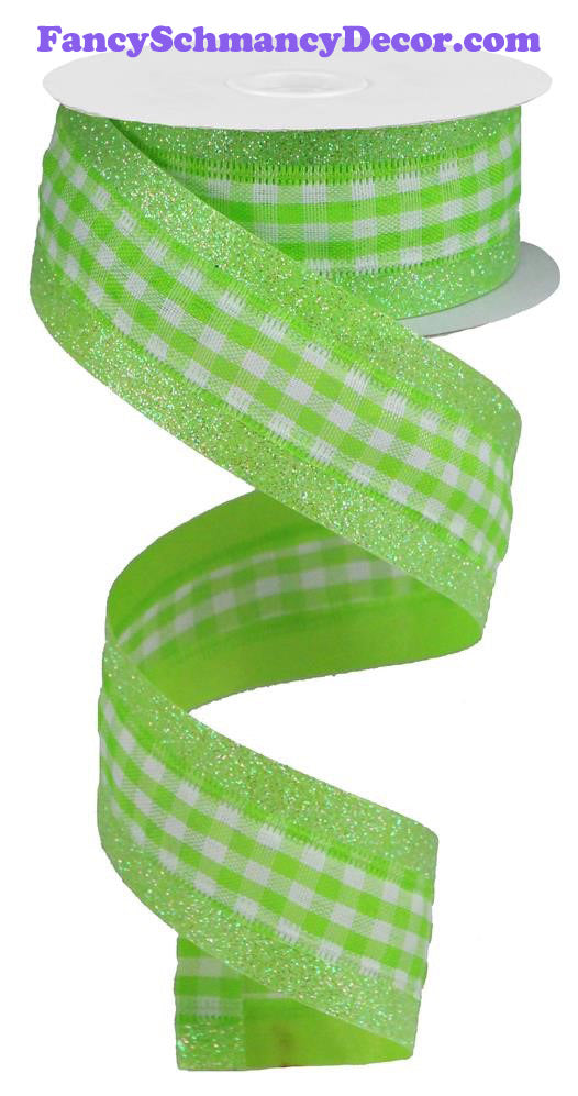 1.5"X10yd 3 In 1 Glitter/Gingham Check Lime/White/Iridescent Wired Ribbon