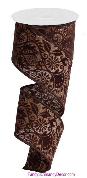 2.5" X 10yd Wired Pineapple Damask/Cross Royal Brown/Chocolate Ribbon