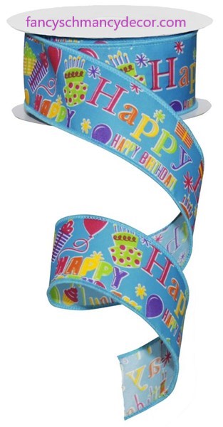 1.5"X10yd Happy Birthday Turquoise Multi Wired Ribbon