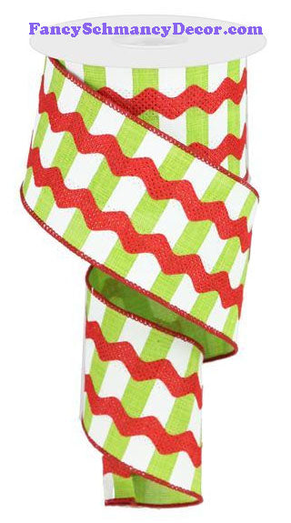 2.5" X 10 yd Fancy Ricrac Lime White Red On Stripes Wired Ribbon