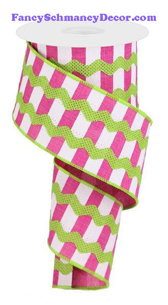 2.5" X 10 yd Fancy Ricrac Fuchsia White Lime On Stripes Wired Ribbon