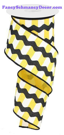 2.5" X 10 yd Fancy Ricrac Yellow White Black On Stripes Wired Ribbon