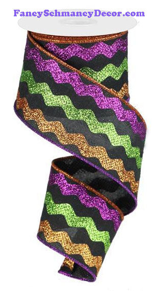 2.5" X 10 yd Glitter Ricrac Black Copper Lime Purple Wired Ribbon