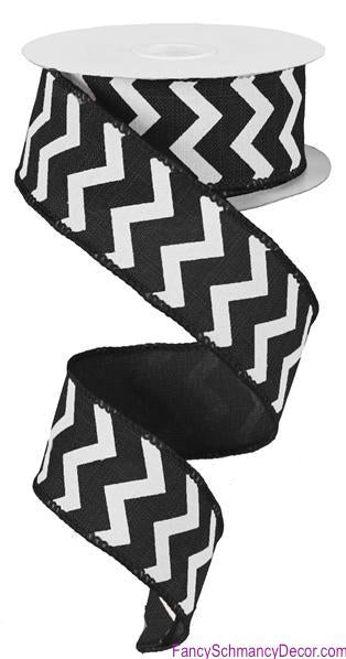 1.5" X 100ft Small Chevron/Royal Wired Black/White Ribbon