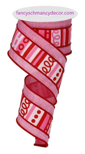 2.5"X10yd 3 In 1 Loopy Stripes/Royal White Red Pink Wired Ribbon