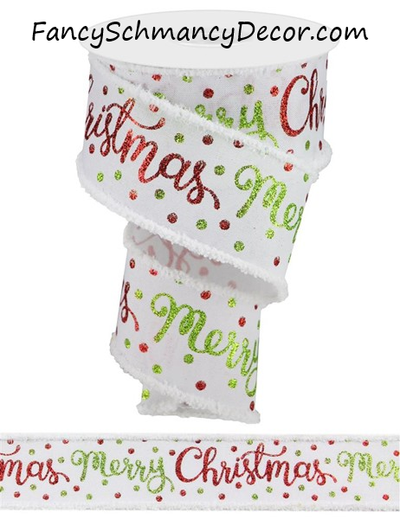 2.5" X 10YD Merry Christmas Script on Royal Wired Ribbon