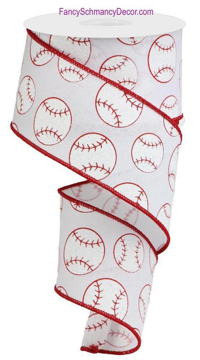 2.5" X 10 yd Glitter Grey Red White Baseball On Royal Wired Ribbon