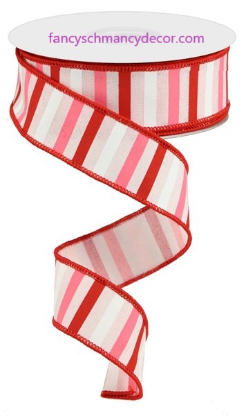 1.5"X10yd Horizontal Stripe On Royal Light Pink/Red/Pink/White Wired Ribbon