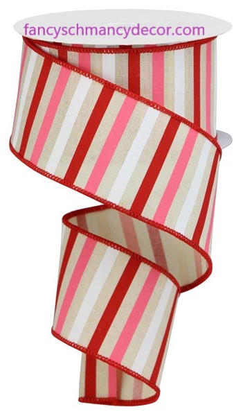 2.5"X10yd Horizontal Stripe On Royal Cream/Red/Pink/White Wired Ribbon