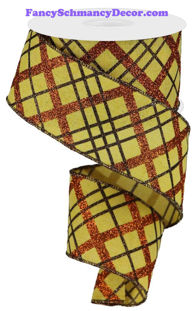 2.5"X10yd Glitter Diagonal Plaid/Royal Mustard/Copper/Brown Wired Ribbon