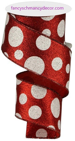 2.5"X10yd Giant Red White Polka Dots Glitter Wired Ribbon