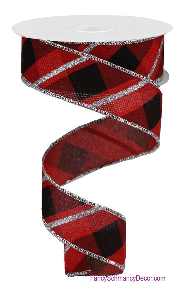 1.5" X 10 YD Red Black White Metallic Criss Cross Royal Ribbon