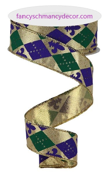 1.5"X10yd Argyle Fleur De Lis Gold/Purple/Emerald Wired Ribbon