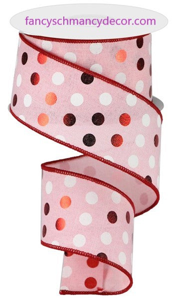 2.5"X10yd Metallic Dots On Royal Pale Pink/Red/White Wired Ribbon