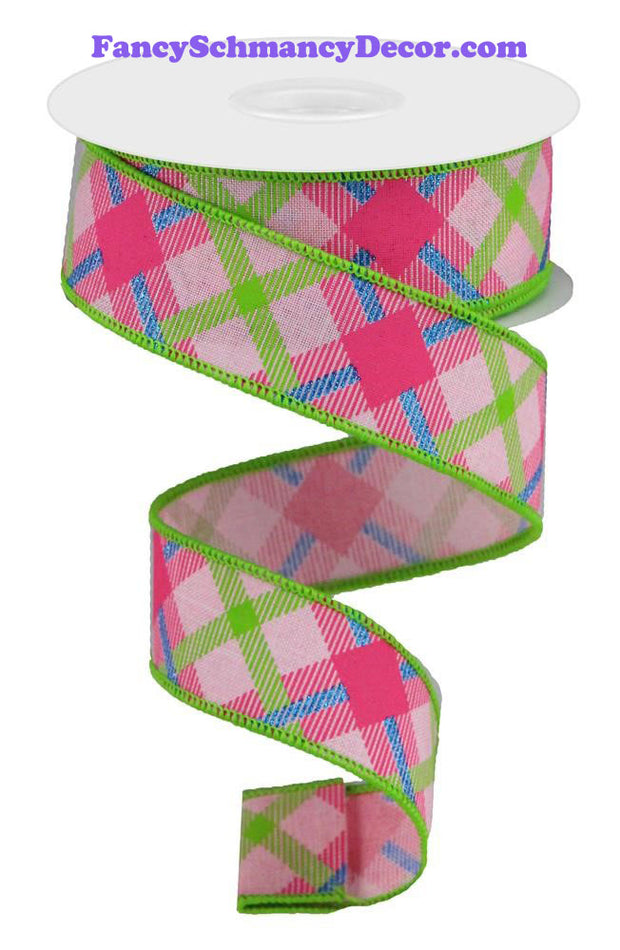 1.5"X10yd Printed Plaid On Royal Pink/Lime/Hot Pink/Blue Wired Ribbon