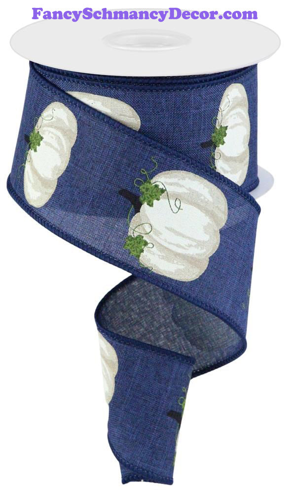 2.5"X10yd Pumpkins W/Leaves On Royal Navy/Crm/Bge/Brn/Moss Wired Ribbon