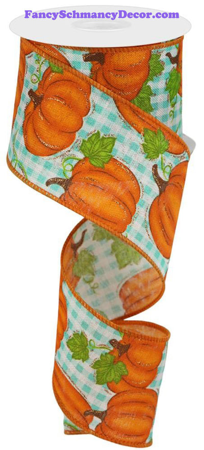 2.5"X10yd Pumpkin Patch/Check Ivory/Orange/Moss/Turq Wired Ribbon