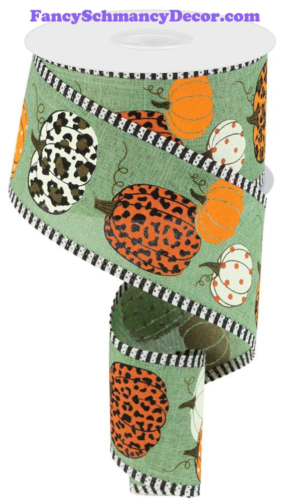 2.5"X10yd Leopard Pumpkins/Thin Stripe Clover/Crm/Orng/Brwn Wired Ribbon