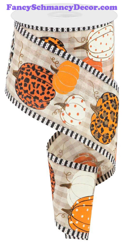 2.5"X10yd Leopard Pumpkins/Thin Stripe Beige/Cream/Orng/Brwn Wired Ribbon