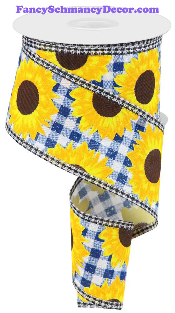 2.75"X10yd Sunflower/Check Dk Blue/Yellow/Org/Brown Wired Ribbon