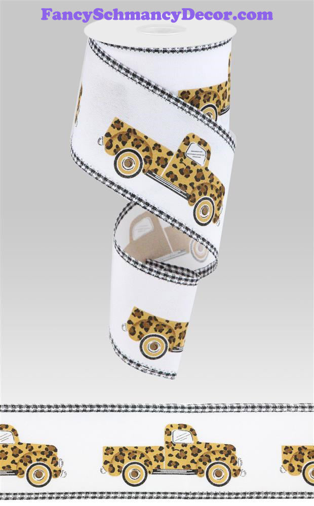2.5"X10yd Leopard Truck/Gingham White/Dk Gold/Brown/Black Wired Ribbon