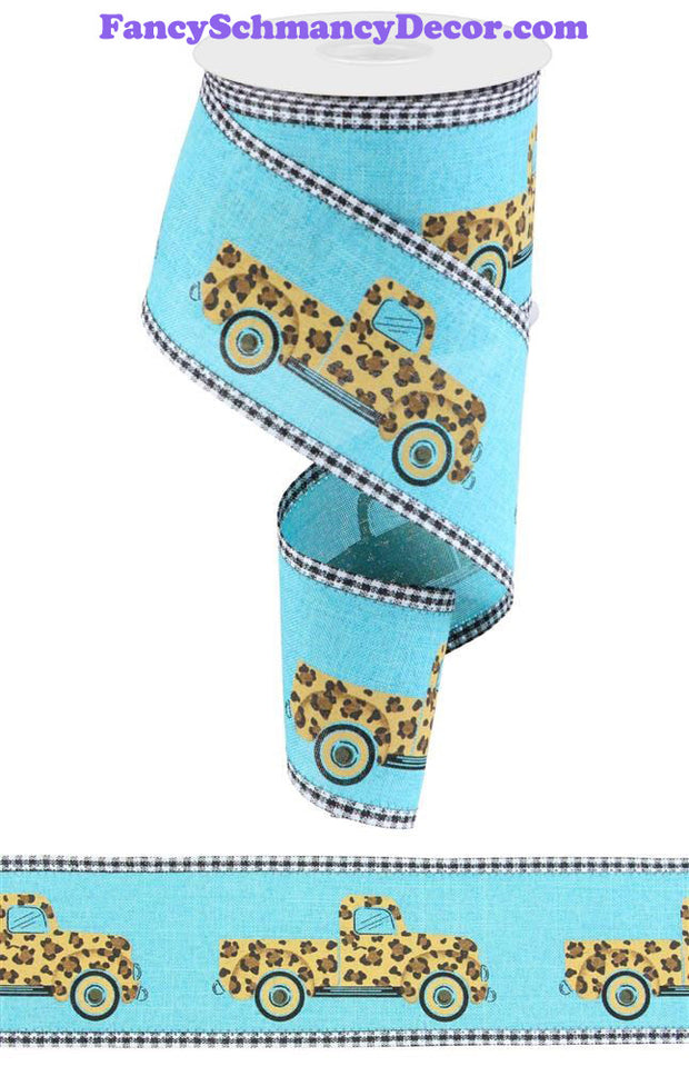 2.5"X10yd Leopard Truck/Gingham Lt Teal/Dk Gold/Brwn/Blck Wired Ribbon