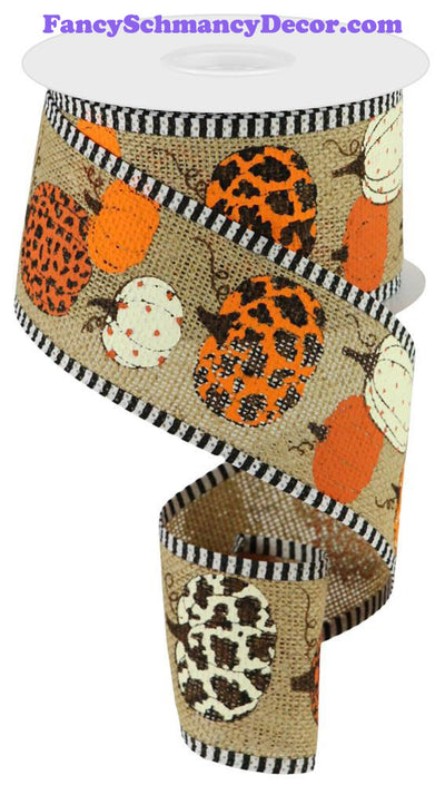 2.5"X10yd Leopard Pumpkins/Stripe Nat/Crm/Orng/Brwn Wired Ribbon