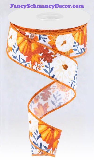 1.5"X10yd Pumpkins/Foliage White/Must/Orng/Navy Wired Ribbon