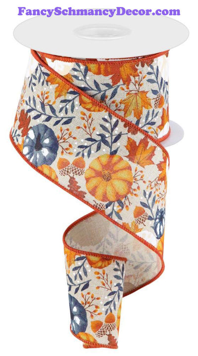 2.5"X10yd Pumpkins/Foliage Lt Nat/Must/Orng/Navy Wired Ribbon