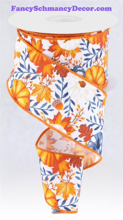 2.5"X10yd Pumpkins/Foliage White/Must/Orng/Navy Wired Ribbon