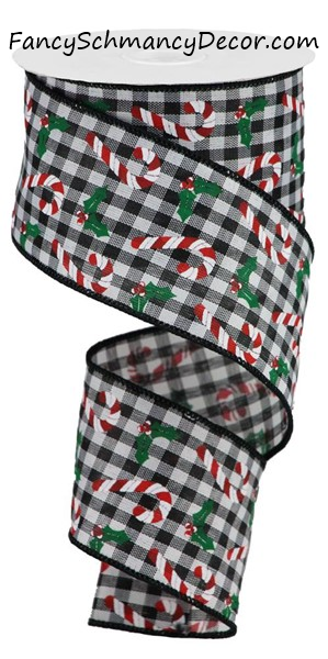 2.5" X 10YD Candy Canes/ Holly on Gingham Wired Ribbon