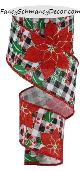2.5" X 10 Poinsettia/Holly on Check  Wired Ribbon