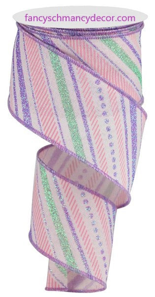 2.5"X10yd Multi Diagonal Stripes/Royal Pink/Light Green/Lavender/Light Pink Wired Ribbon