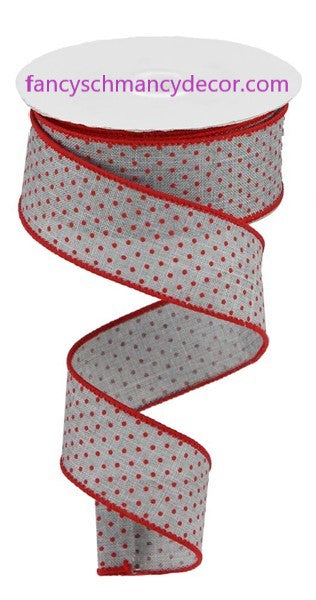 1.5"X10yd Swiss Dots On Burlap Light Gray/Red Wired Ribbon
