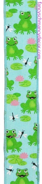 1.5"X10yd Frogs On Royal Ice Blue/Green/Pink/White Wired Ribbon