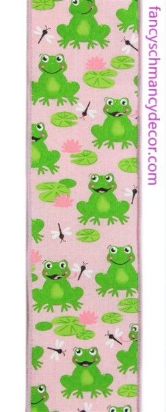 2.5"X10yd Frogs On Royal Pale Pink/Green/Pink/White Wired Ribbon