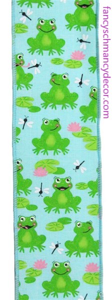 2.5"X10yd Frogs On Royal Ice Blue/Green/Pink/White Wired Ribbon