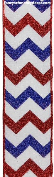 2.5"X10yd Glitter Chevron On Faux Royal Red/White/Blue Wired Ribbon