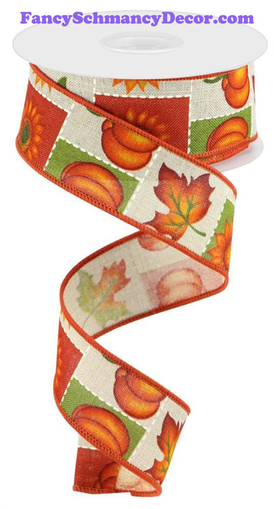 1.5"X10yd Pumpkin/Sunflower/Maple Leaf Lt Natural/Multi Wired Ribbon