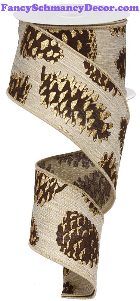 2.5"X10yd Pine Cone W/Glitter Tips Natural/Brown/Gold Wired Ribbon