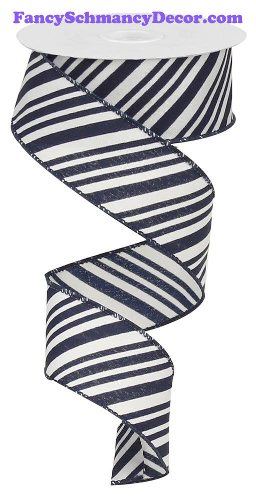 1.5"X10yd Mix Size Diagonal Lines White/Navy Blue Wired Ribbon