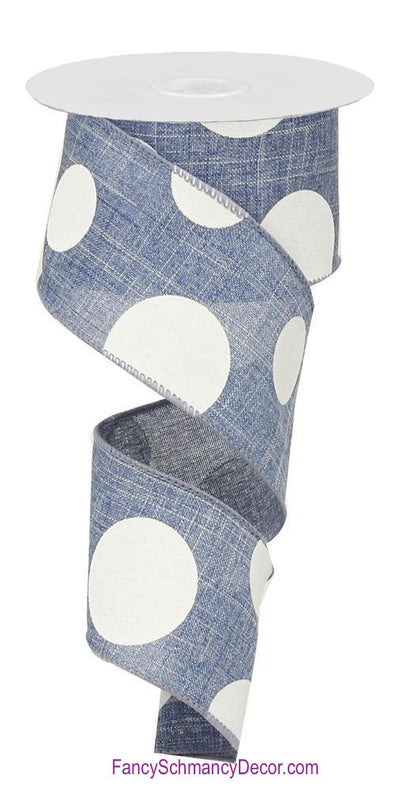 2.5" X 10 yd Giant Multi Dot Denim Blue White Linen Wired Ribbon