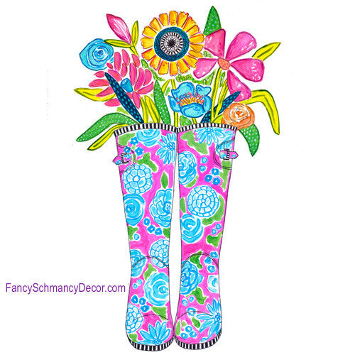Happy Rubber Boots Fusia with Flowers Stake by The Round Top Collection S8016 - FancySchmancyDecor
