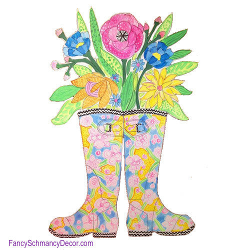 Happy Rubber Boots Yellow with Flowers Stake by The Round Top Collection S8018 - FancySchmancyDecor