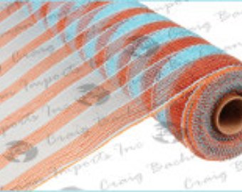 21" Turquoise Orange Stripe Deco Mesh